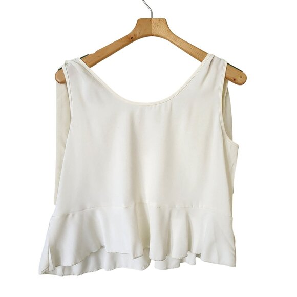 Cream Sleeveless Cami Blouse Cropped Tie Straps Ruffle Lightweight Beach Pool - Picture 2 of 7